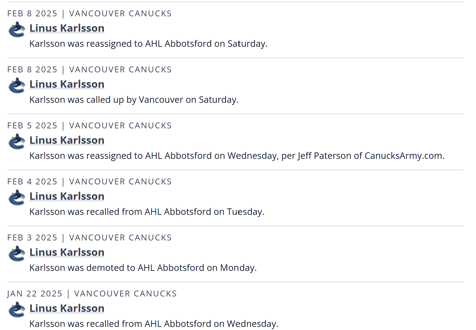 Linus Karlsson being called up and down many times