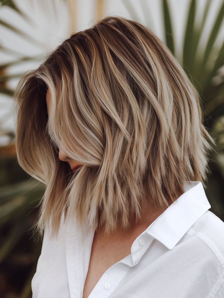 82. Long Choppy Bob with Multi-Tonal Brown Blonde Highlights