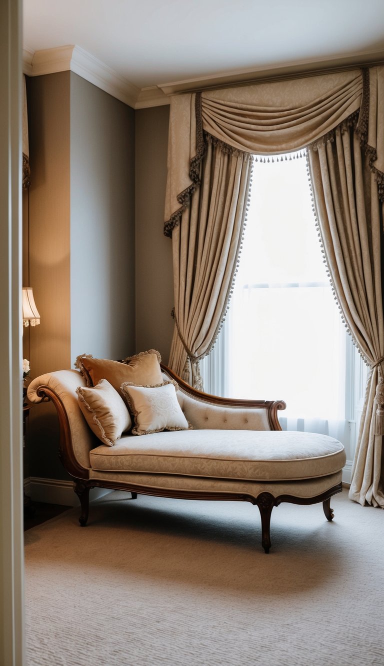 A Victorian style chaise lounge sits in the corner of a master bedroom, adorned with plush pillows and draped in luxurious fabrics, creating a romantic and elegant atmosphere