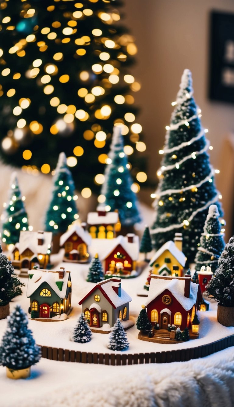 A cozy winter scene with miniature Christmas villages, adorned with 24 festive decor ideas, including twinkling lights, snow-covered trees, and charming little houses