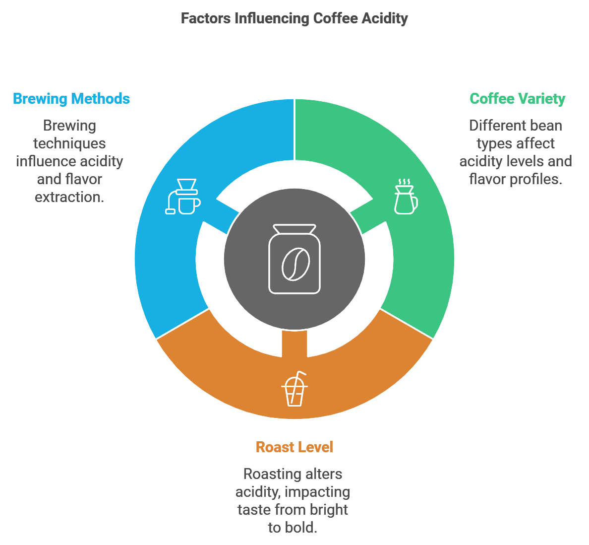 This infographic illustrates the key factors that influence the acidity level of coffee. It highlights how brewing methods, coffee variety, and roast level can impact the final taste of your cup. By understanding these factors, you can learn how to make coffee less acidic and tailor your brewing process to your preference.