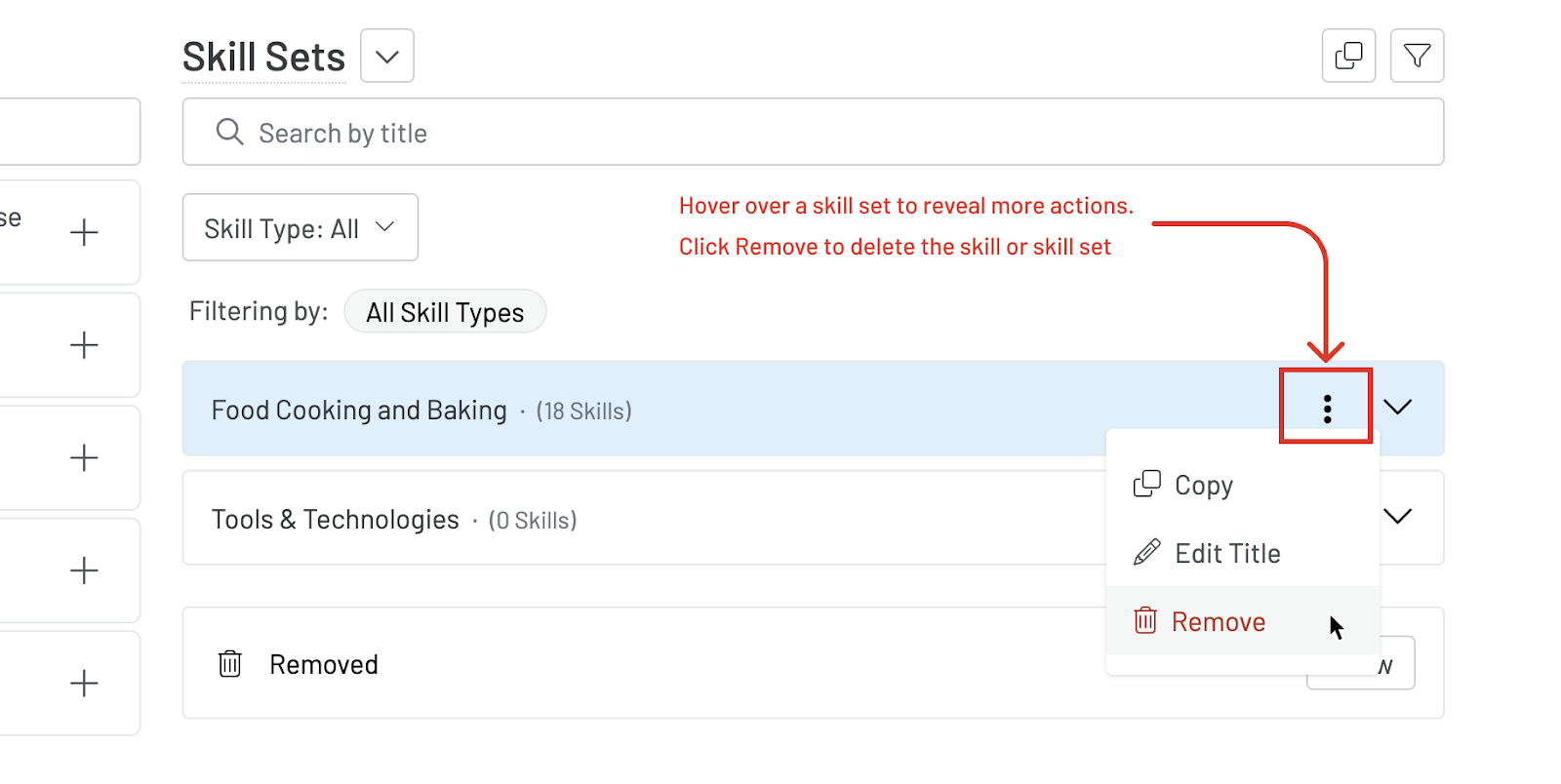 Screenshot of where the "remove" button is under the three dot menu for a skill set. 