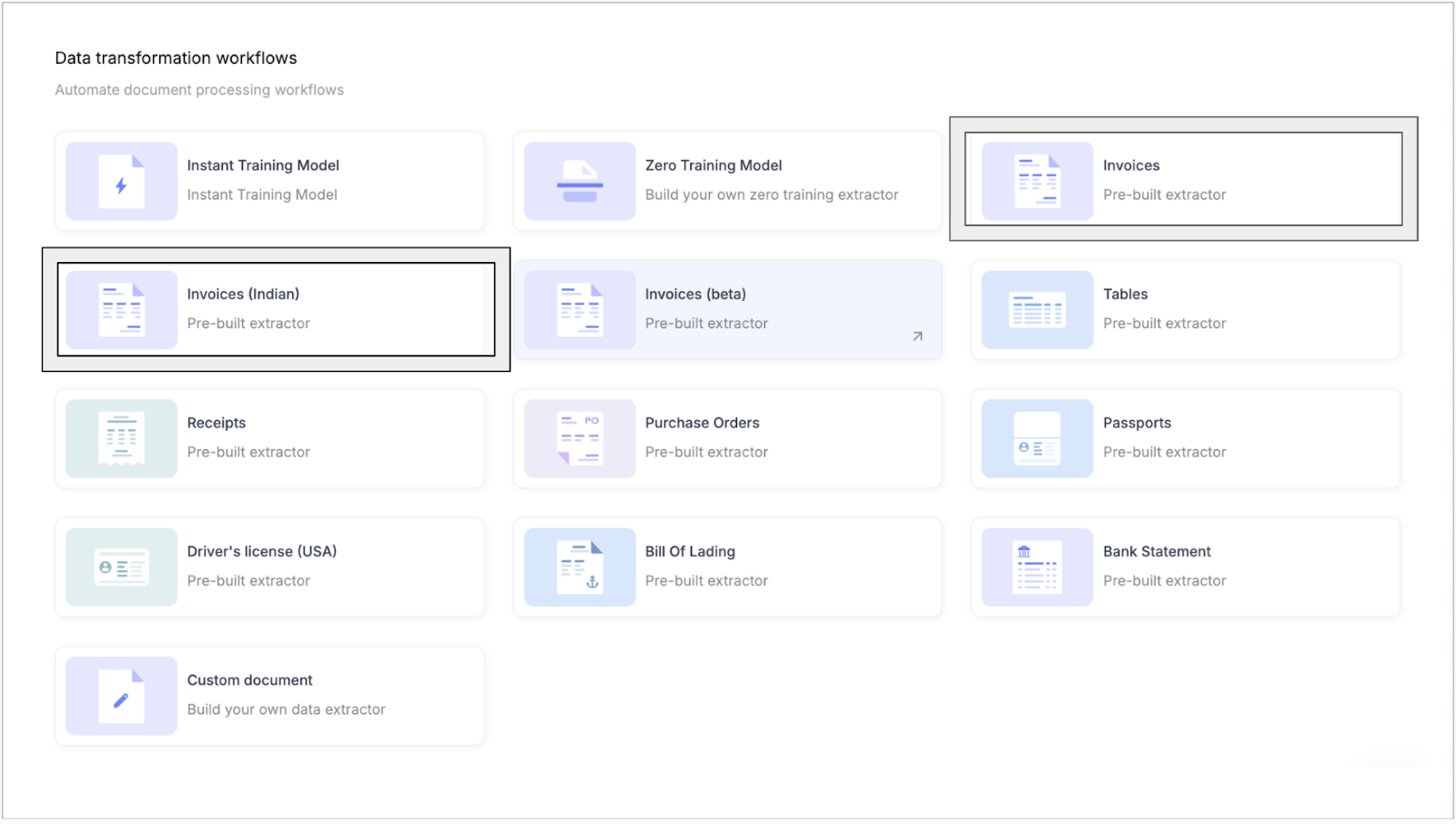 Nanonets pre-built extractors for invoices