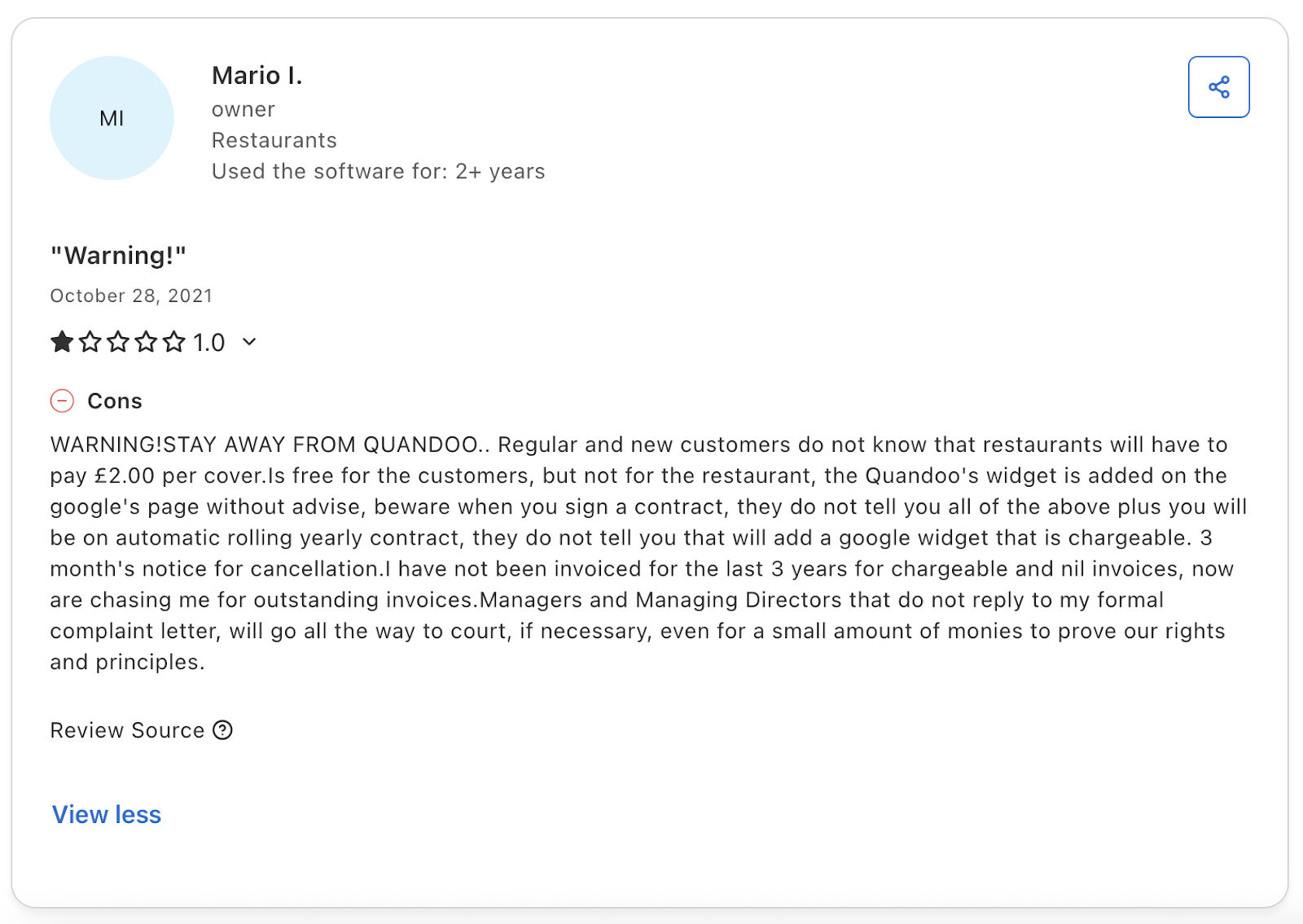 Quandoo customer review on Capterra