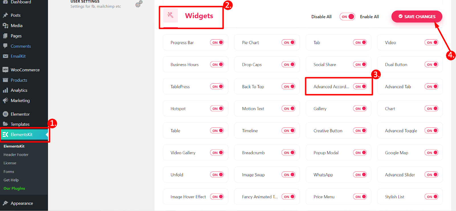 Habilitar el widget de acordeón avanzado de ElementsKit