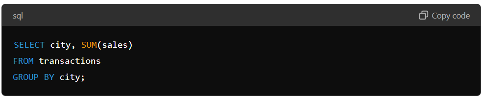 SQL query to find the total sales per city. 