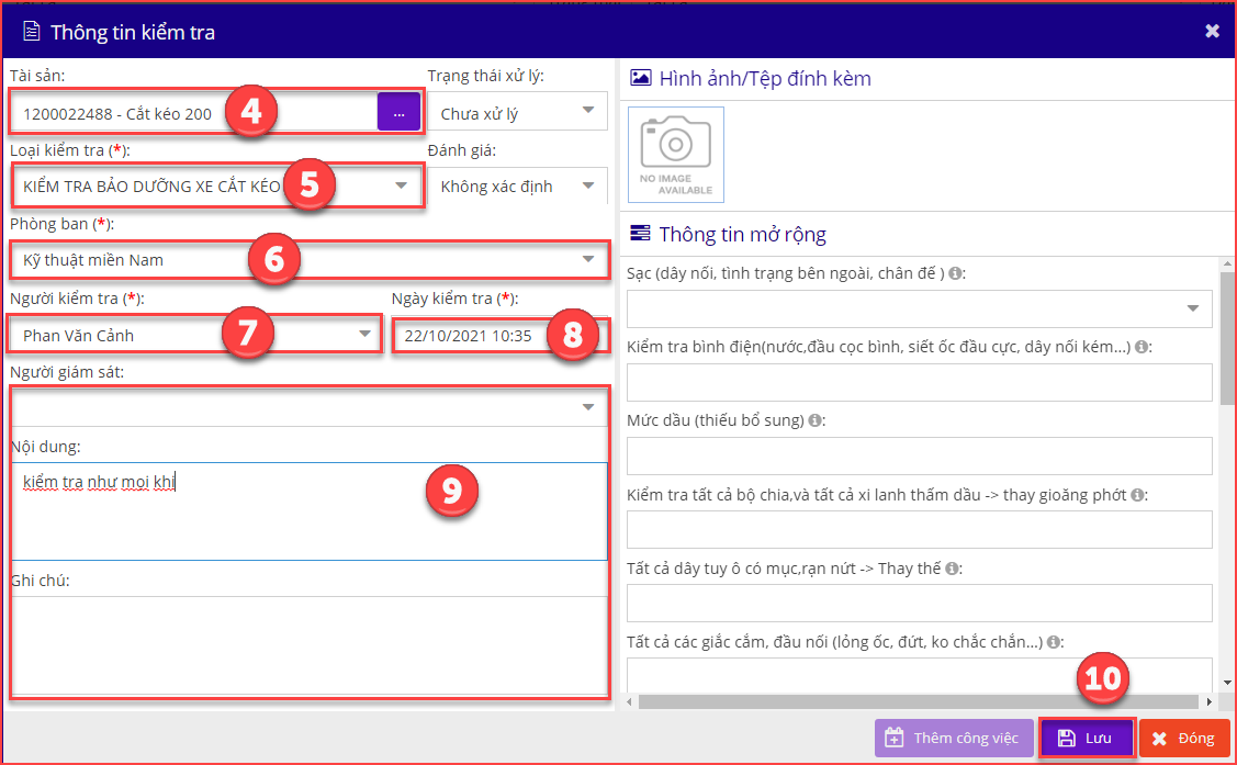 Nhập thông tin cho công việc kiểm tra mới tạo: