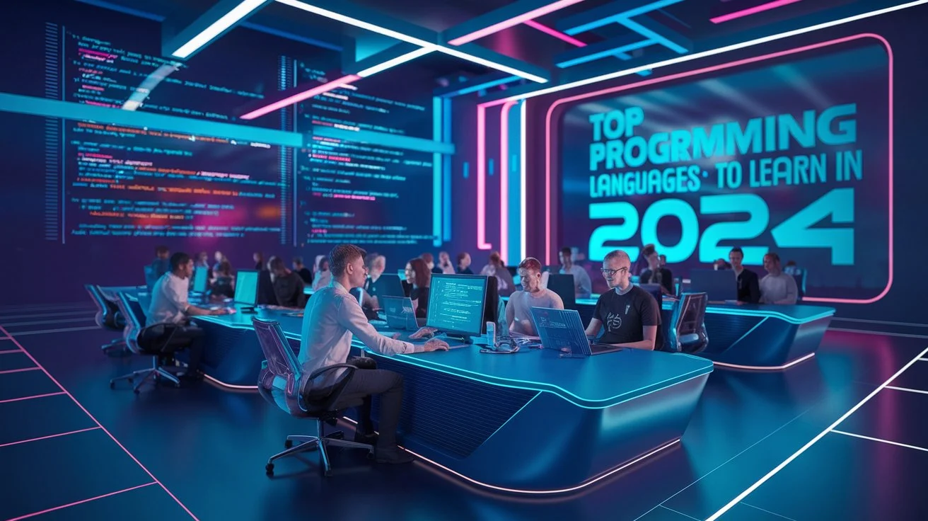 A futuristic scene of developers working with different programming languages, highlighting top languages to learn in 2024.