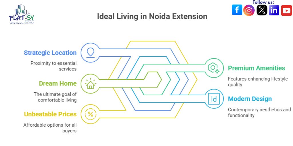 Ideal Living in Noida Extension infographic by Flatsy, highlighting features like strategic location, dream home, unbeatable prices, premium amenities, and modern design.
