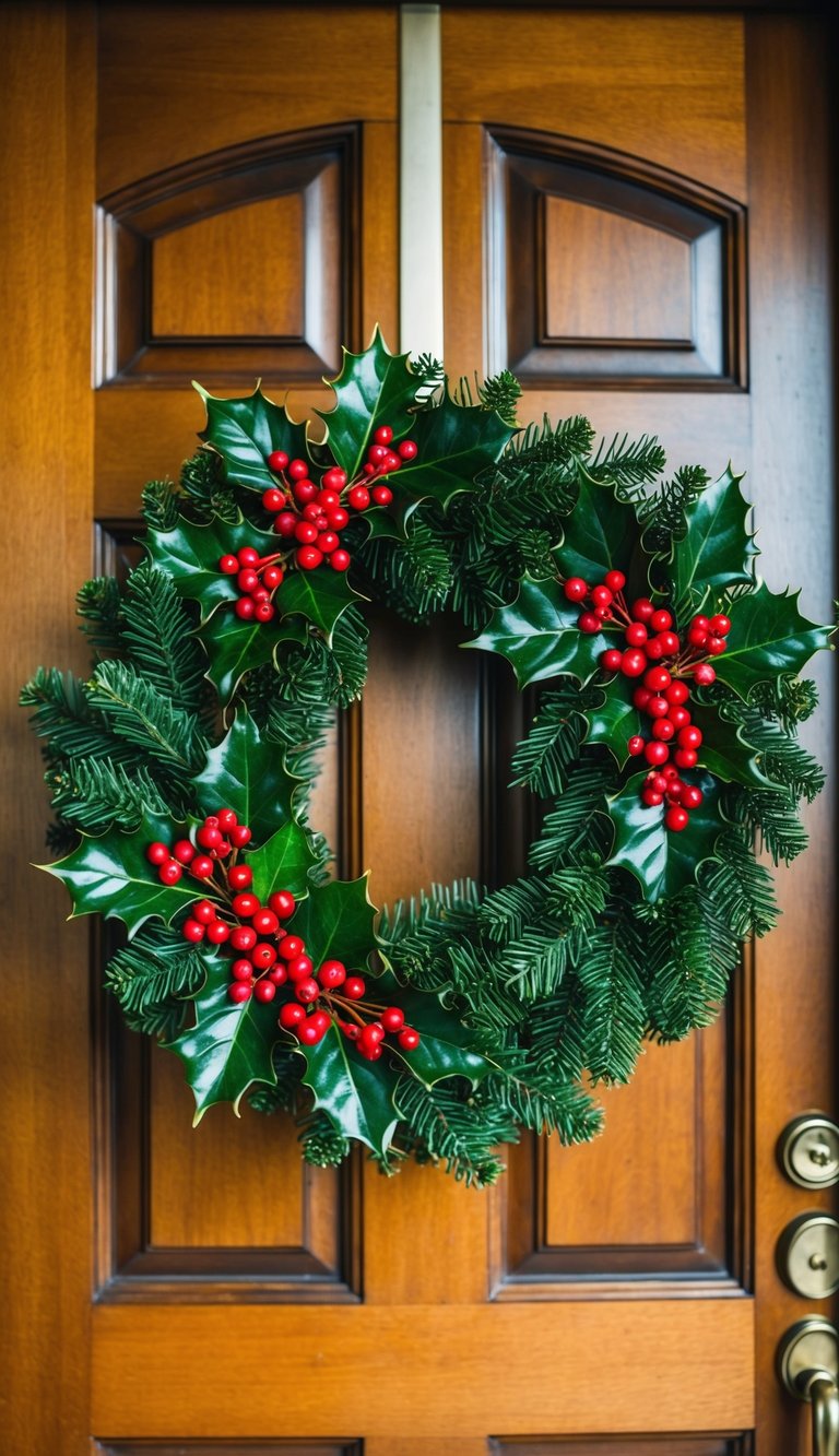 A classic holly wreath adorned with red berries and green leaves, hanging on a wooden door