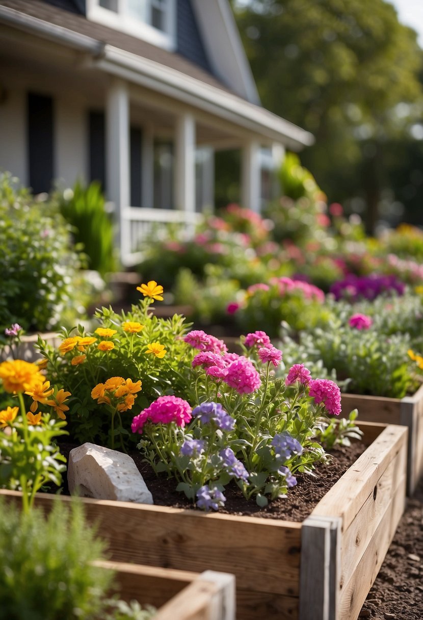 A row of raised garden beds sits in front of a house, filled with vibrant flowers and lush greenery. The beds are neatly arranged and bordered with decorative stones