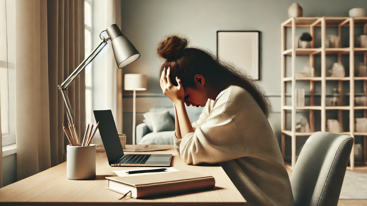 Writer sitting at her desk, feeling overwhelmed while working on a story.