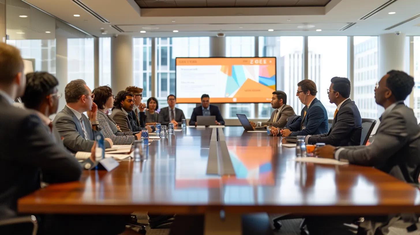 an engaging office workspace features a diverse team gathered around a sleek conference table, passionately sharing authentic brand stories with vibrant visuals displayed on a high-definition screen, radiating trust and creativity.