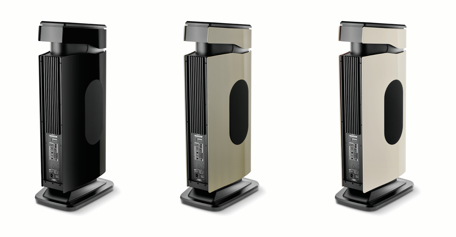 Focal Diva Utopia speakers rear view in three new finishes: Black High Gloss, Dune High Gloss, and Off White High Gloss.