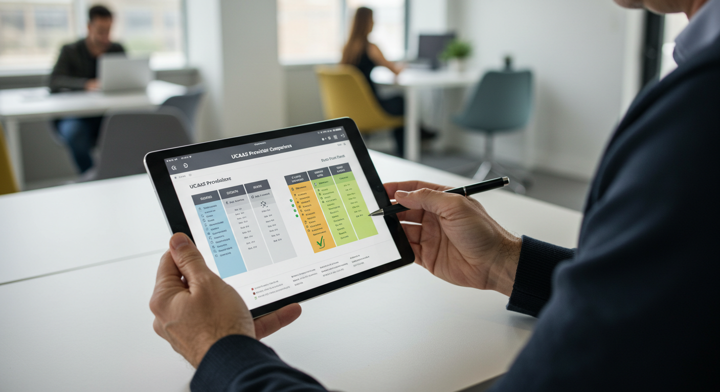 Business consultant reviewing a comparison chart of the best VoIP reseller providers and features.