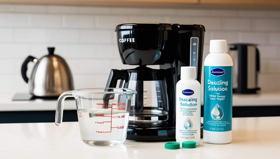 A black coffee maker, a measuring cup filled with water, and two bottles of descaling solution are on a kitchen counter.