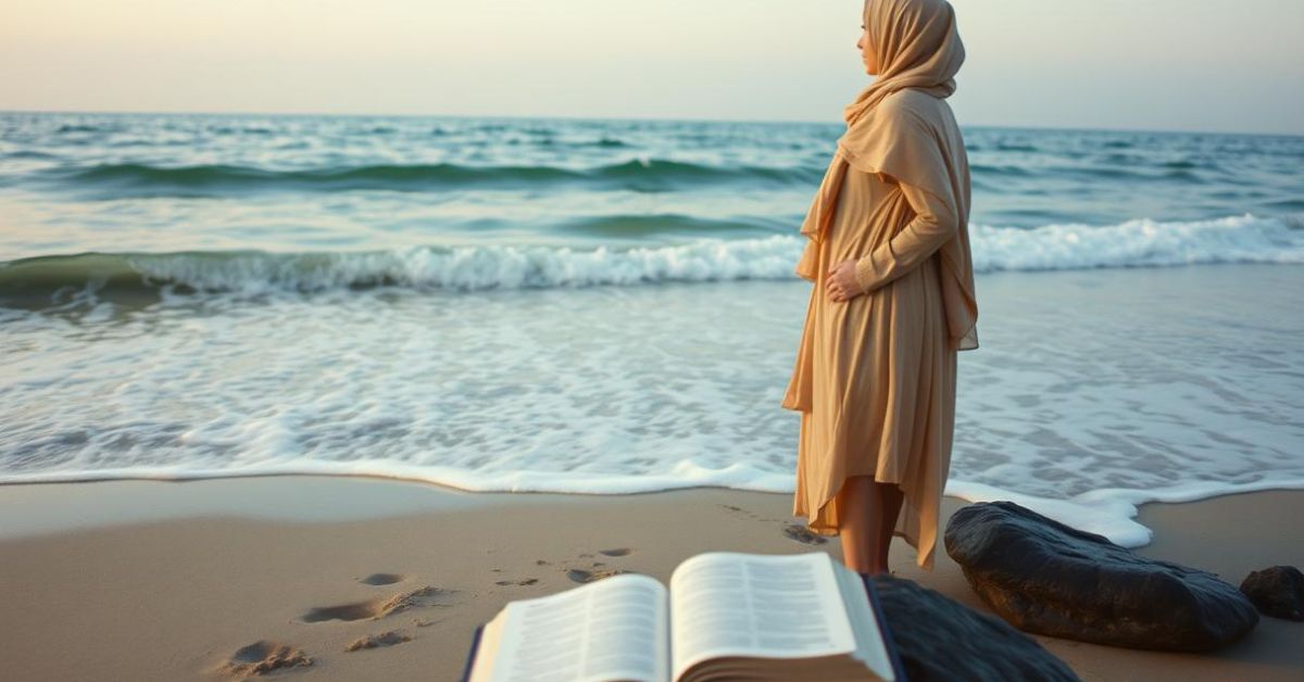 A woman in a hijab stands on the beach, reading a book titled "Bible Verses When You Feel Lonely.