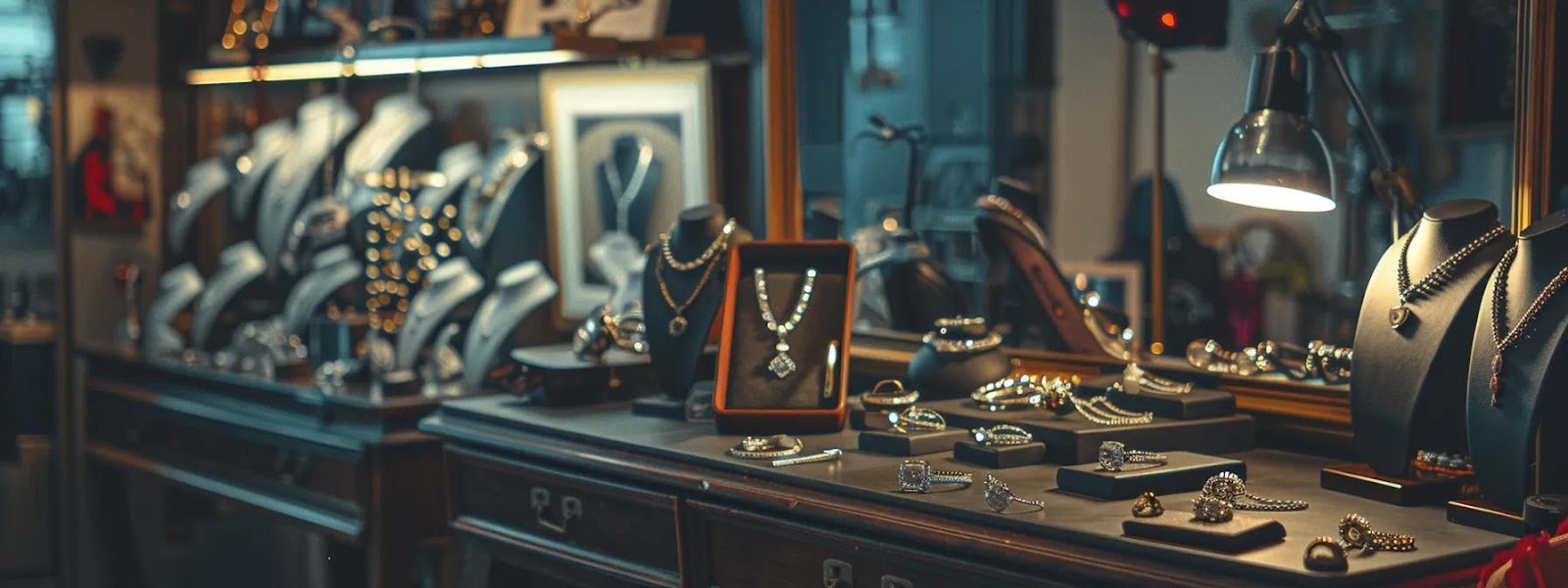 a beautifully arranged display of personalized jewelry pieces, featuring elegantly crafted items with intricate engravings and thoughtful color selections, set against a sleek, modern office backdrop that emphasizes the emotional connection behind each piece.