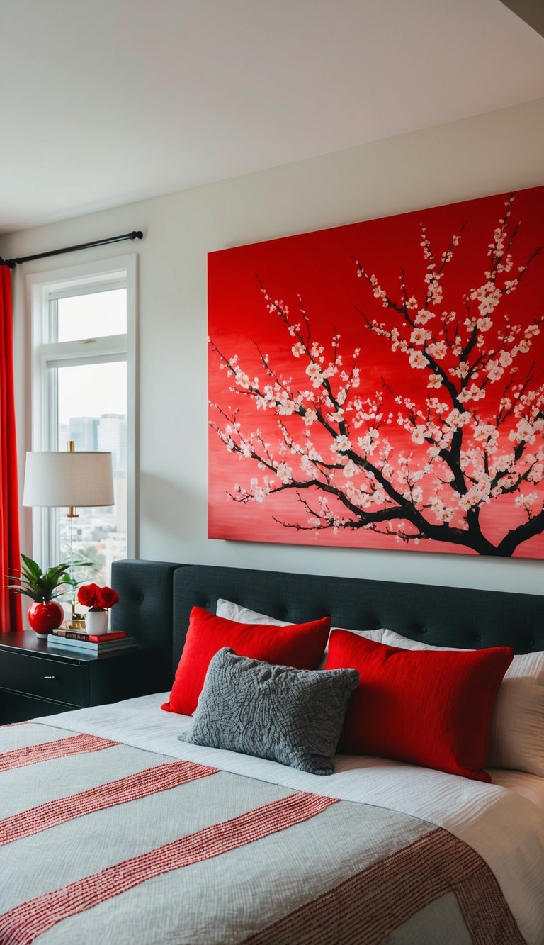 A cozy bedroom with red accents and a large cherry blossom painting on the wall