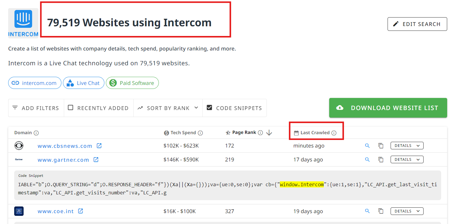 Intercom customers as found by NerdyData, including last crawled date