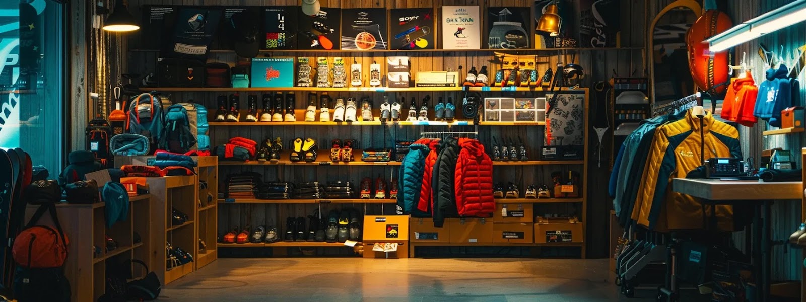 a vibrant ski shop display showcasing a variety of equipment, accessories, and gear options for a first-time buyer making a decision on their first ski purchase.