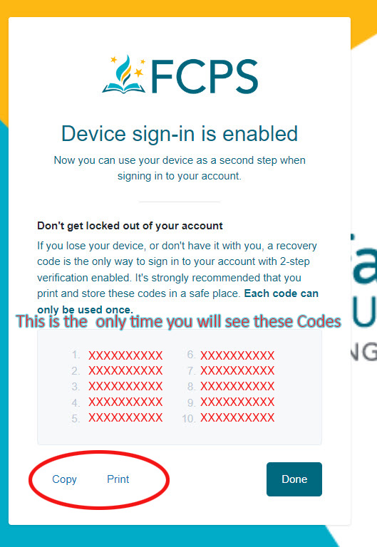 a screen shot of an image displaying the back up codes screen