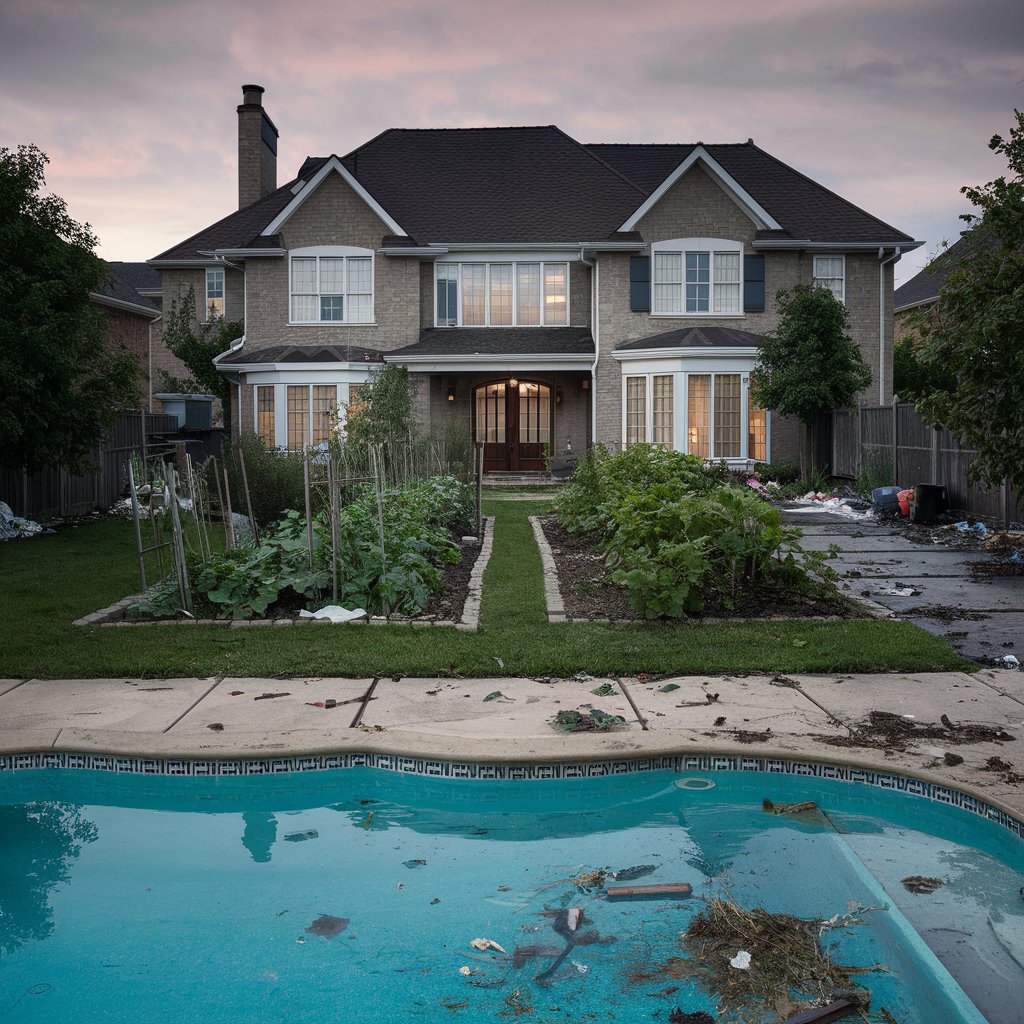 A filthy, trash-strewn garden and pool | Source: Midjourney