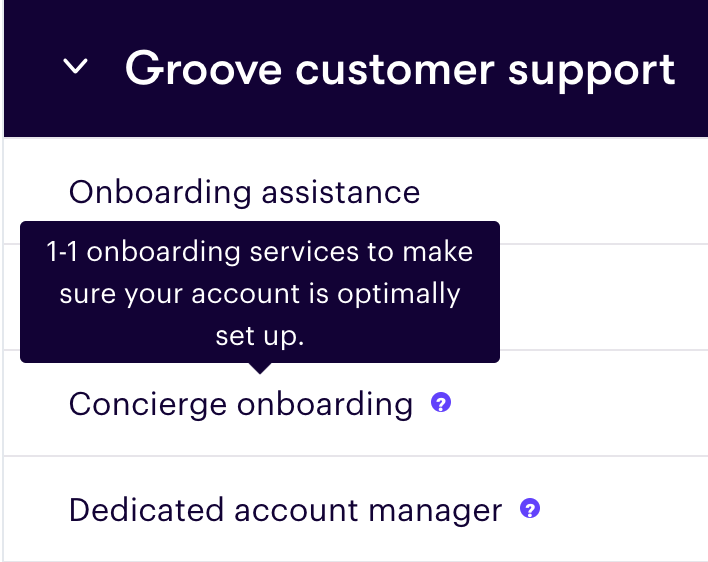 Groove's different subscription plans provide different levels of onboarding coverage and support. 