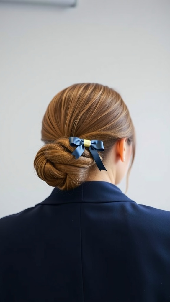 A low chignon hairstyle secured with a bow, showcasing a polished look suitable for flight attendants.