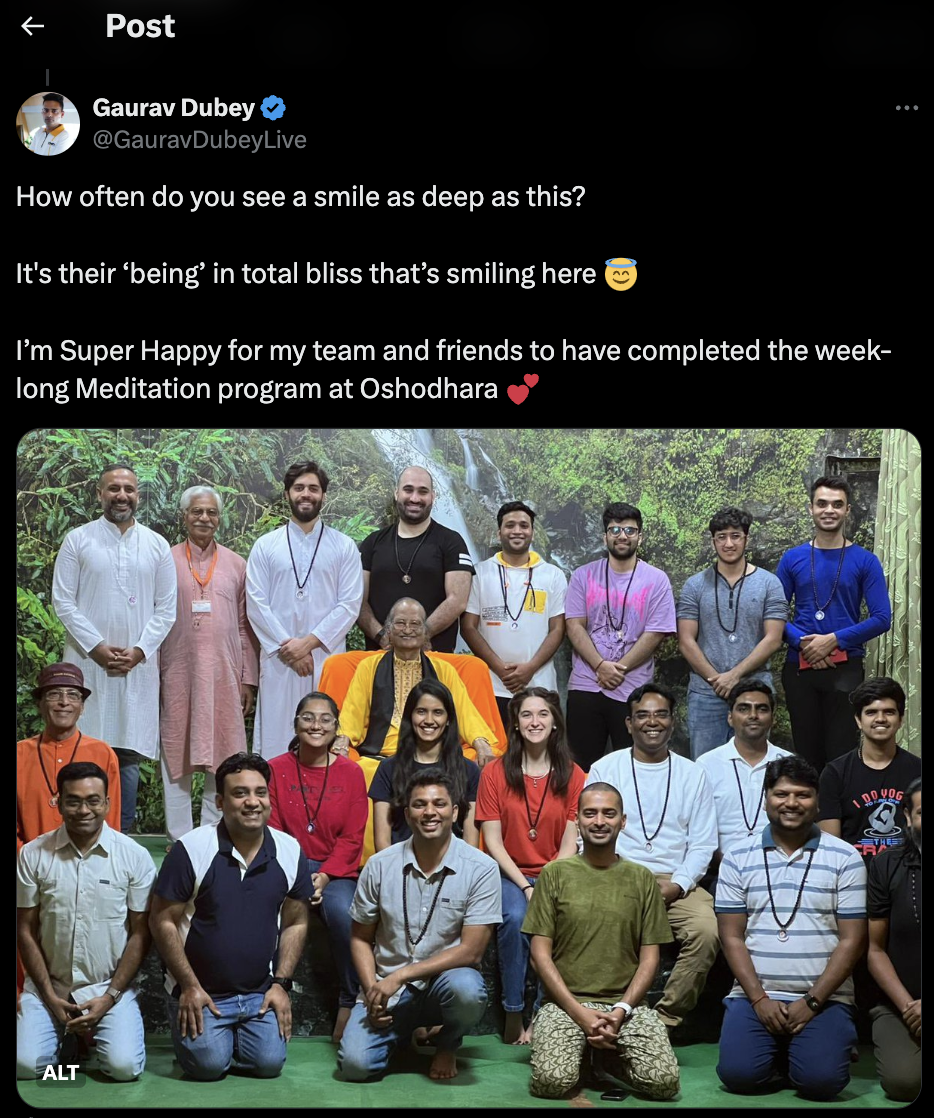 Gaurav Dubey’s 𝕏 post about completing the 6-day meditation program at Oshodhara in 2023.