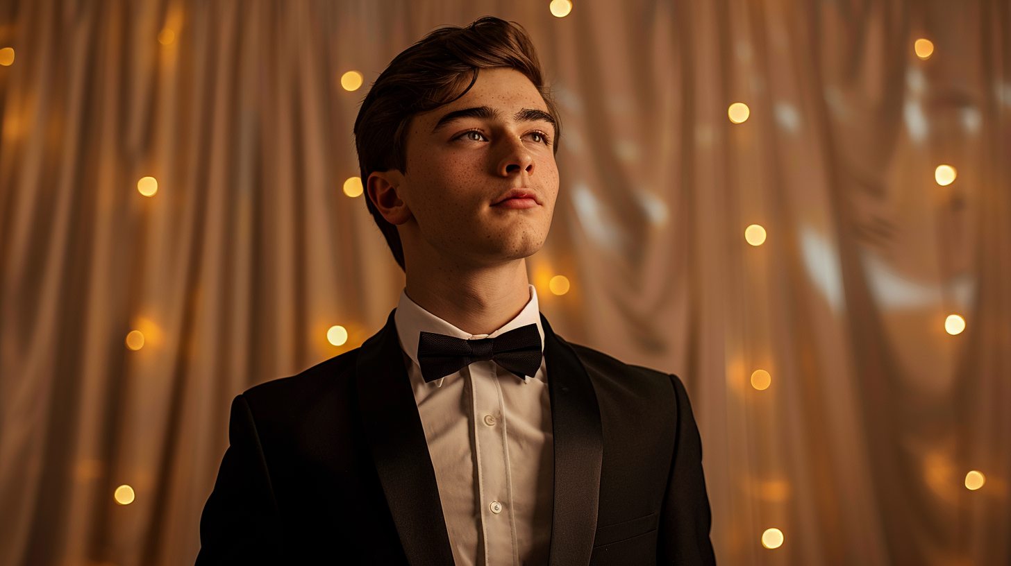 A young man wearing a traditional black tuxedo with satin lapels, crisp white dress shirt, and classic black bow tie, polished dress shoes, elegant prom night backdrop with soft lighting.