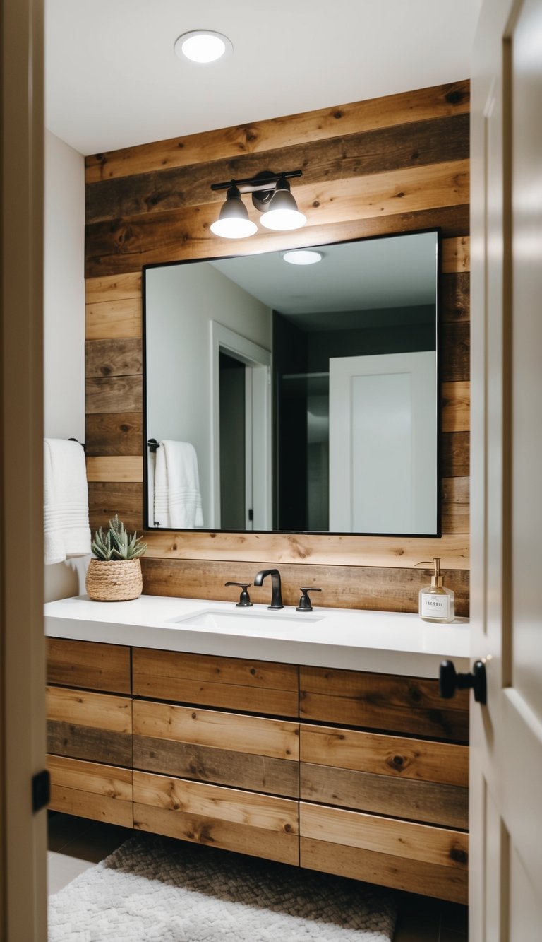 A rustic shiplap wall behind a large mirror in a modern bathroom