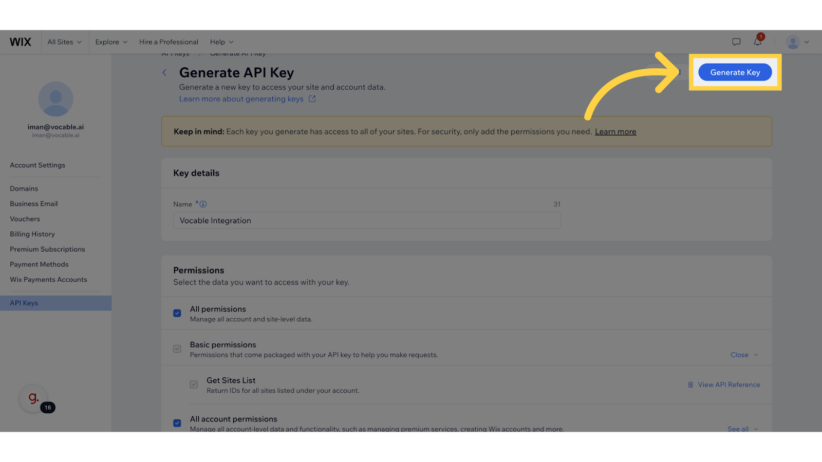 Click 'Generate Key'