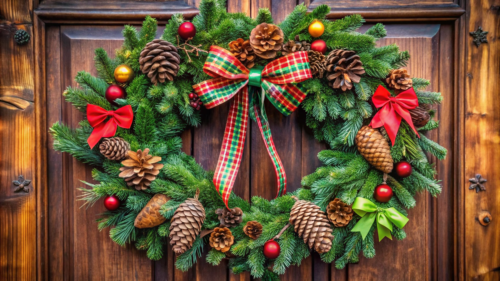 Guirlanda de Natal feita à mão decorada com pinhas e laços coloridos.