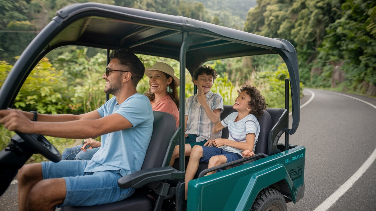 A family enjoying a road trip in their electric vehicle, laughing and having fun