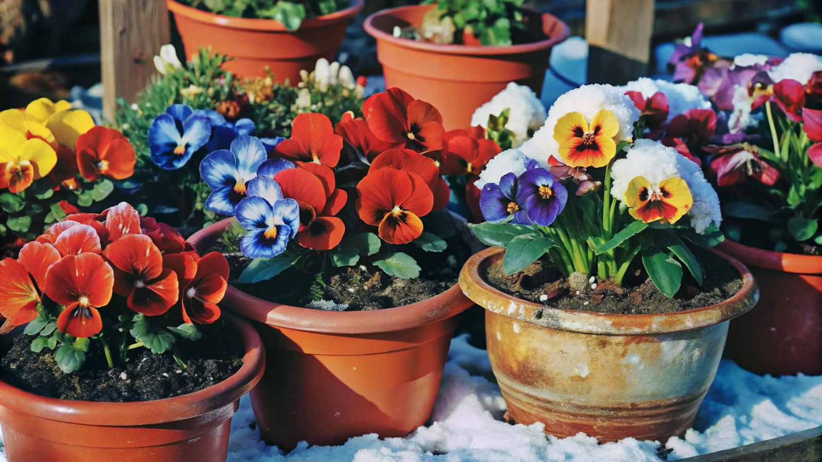 Jardim de inverno com amor-perfeito em vasos cobertos de neve, flores coloridas contra paisagem de inverno.