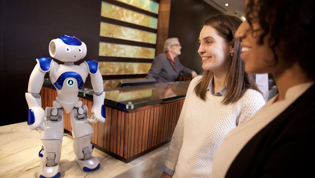 Robot receptionist at a hotel lobby