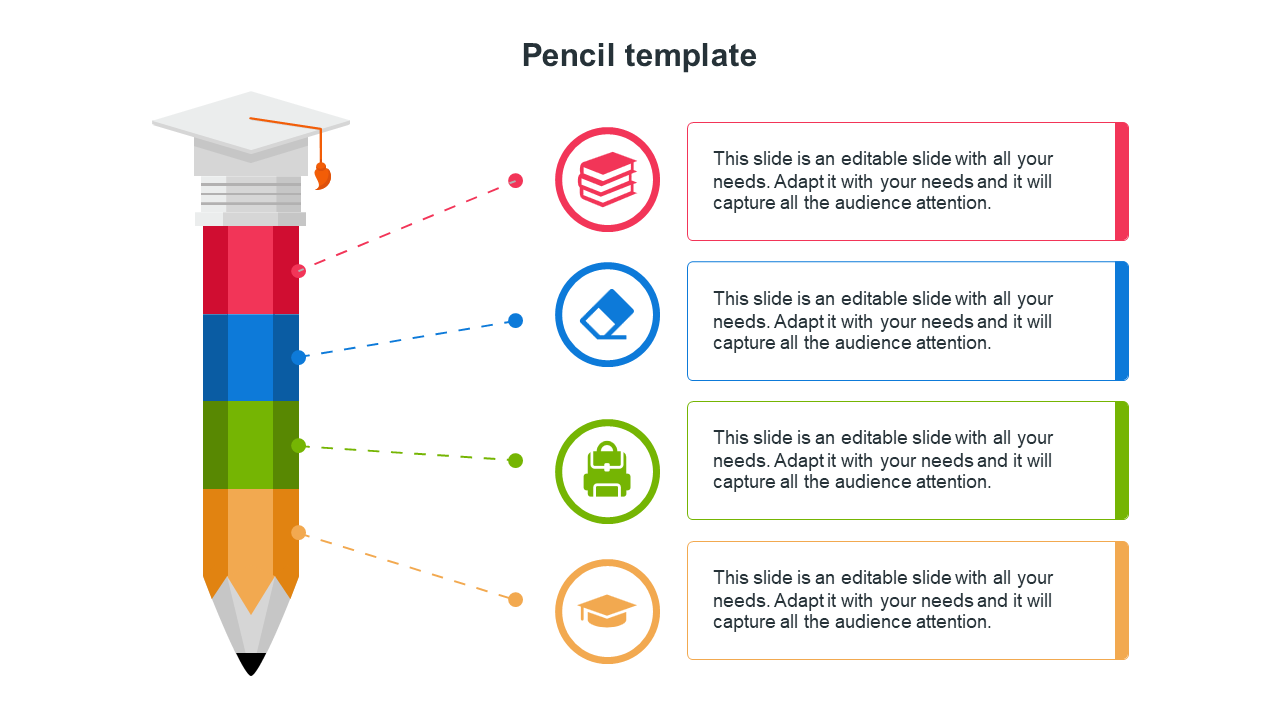 Colorful pencil infographic template with sections labeled by icons and descriptive text, topped with a graduation cap.