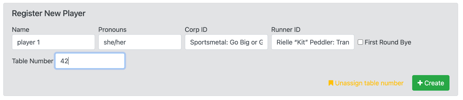 New player registration interface with fixed table assignment set