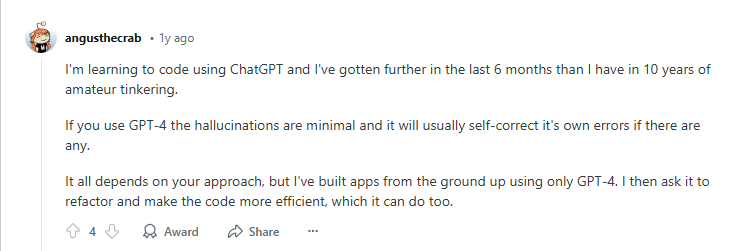 Reddit User on Generating Code with GPT-4