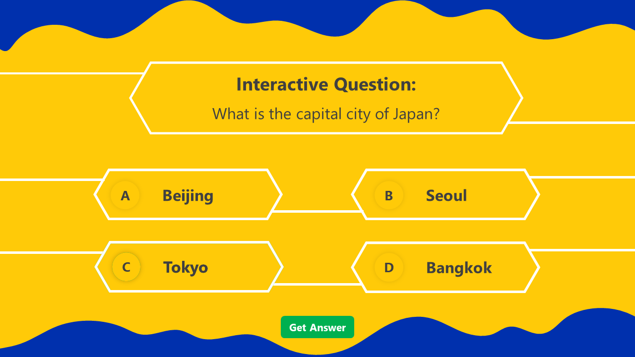 Interactive PPT slide with a quiz question: 'What is the capital city of Japan?' and answer options Beijing, Seoul, Tokyo, Bangkok.