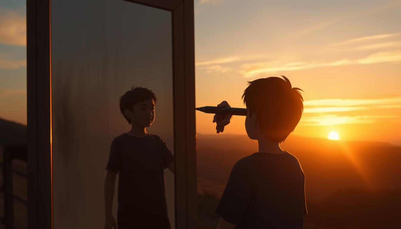 An image that visualizes the concept of taking ownership of one's reality. Show a character standing in front of a mirror, with their reflection portraying the life they have been living so far. The reflection should look dull and unhappy, while the character in front of the mirror looks determined and ready to change. On the character's hand, have them holding a pen, ready to write down their new reality. In the background, show a sunrise, representing a new beginning for the character. The overall tone of the image should be inspiring and motivating.