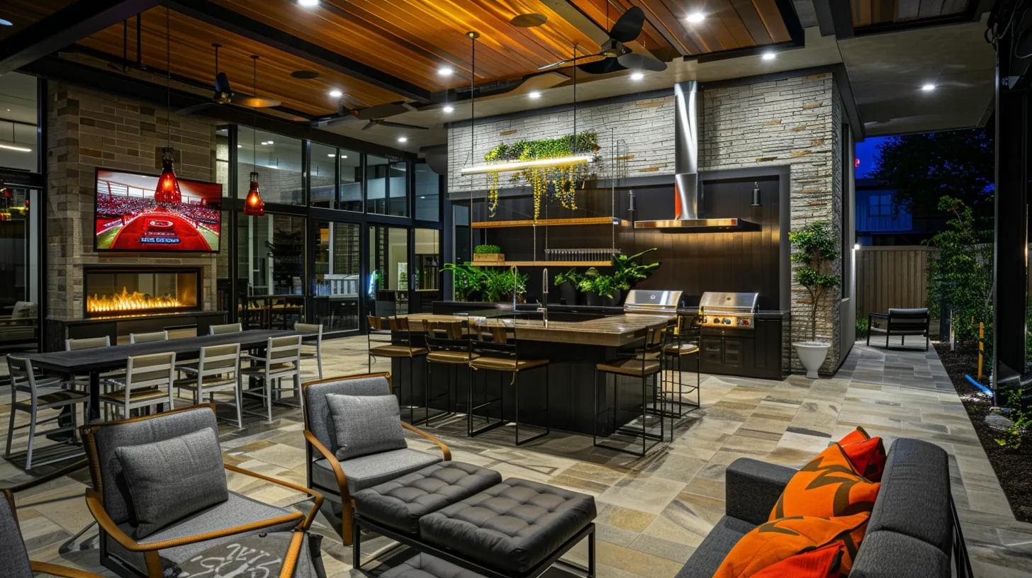 a modern outdoor patio elegantly showcasing a variety of durable bug screens, including standard, no-see-um, pet-resistant, solar, and retractable options, highlighted under bright, artificial lighting to emphasize their distinct features and utility.