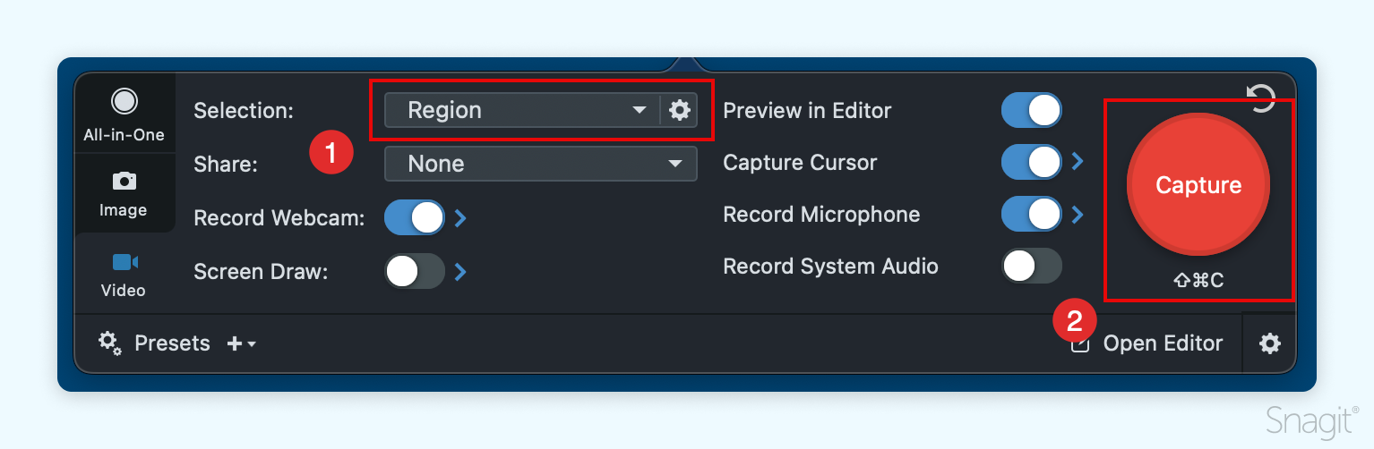 Snagit's capture menu