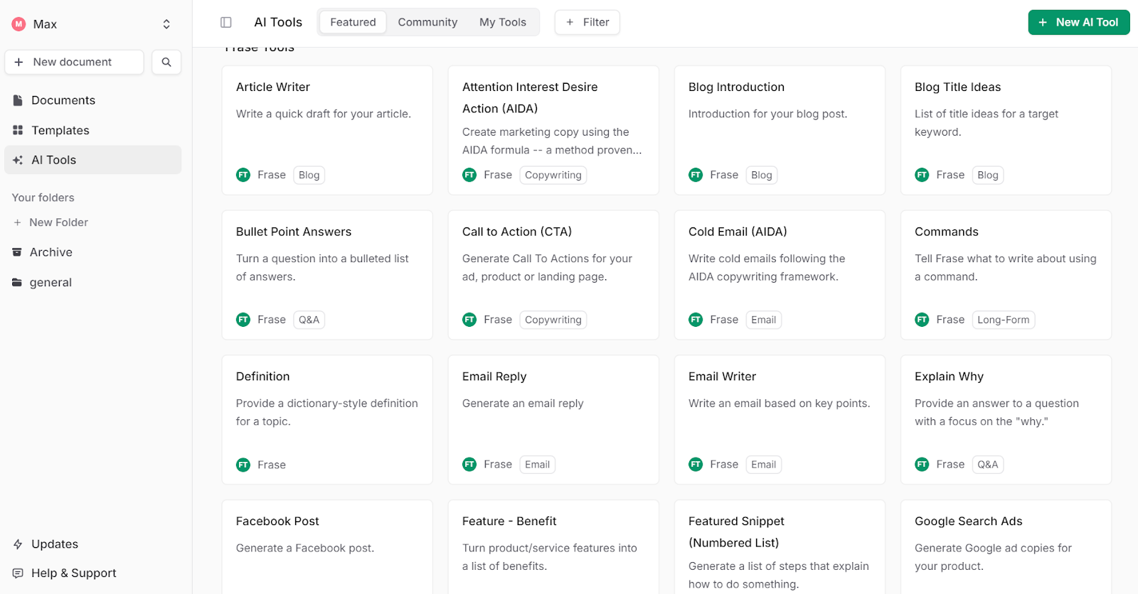 Frase.io dashboard