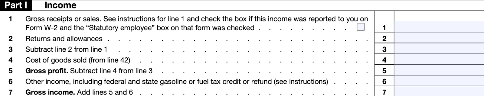 A screenshot of Schedule C (Form 1040) Part I: Income.