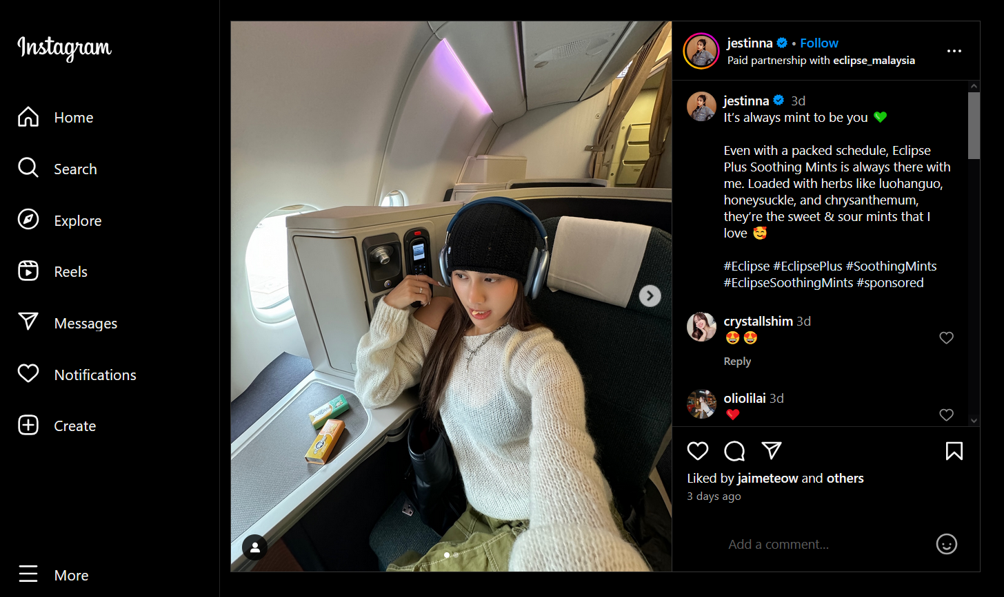 An influencer's social post on an airplane as an example of how to get sponsored on instagram