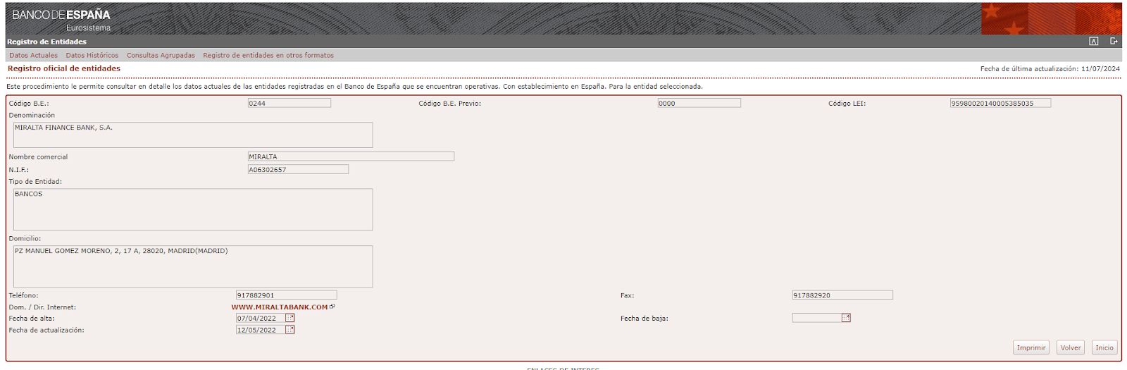 Miraltabank, registrado en el Banco de España