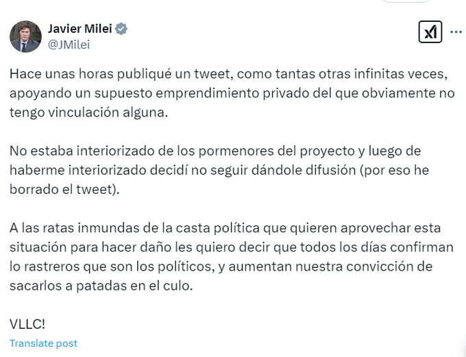 The Back off Tweet from President Milei. 15.02.2025