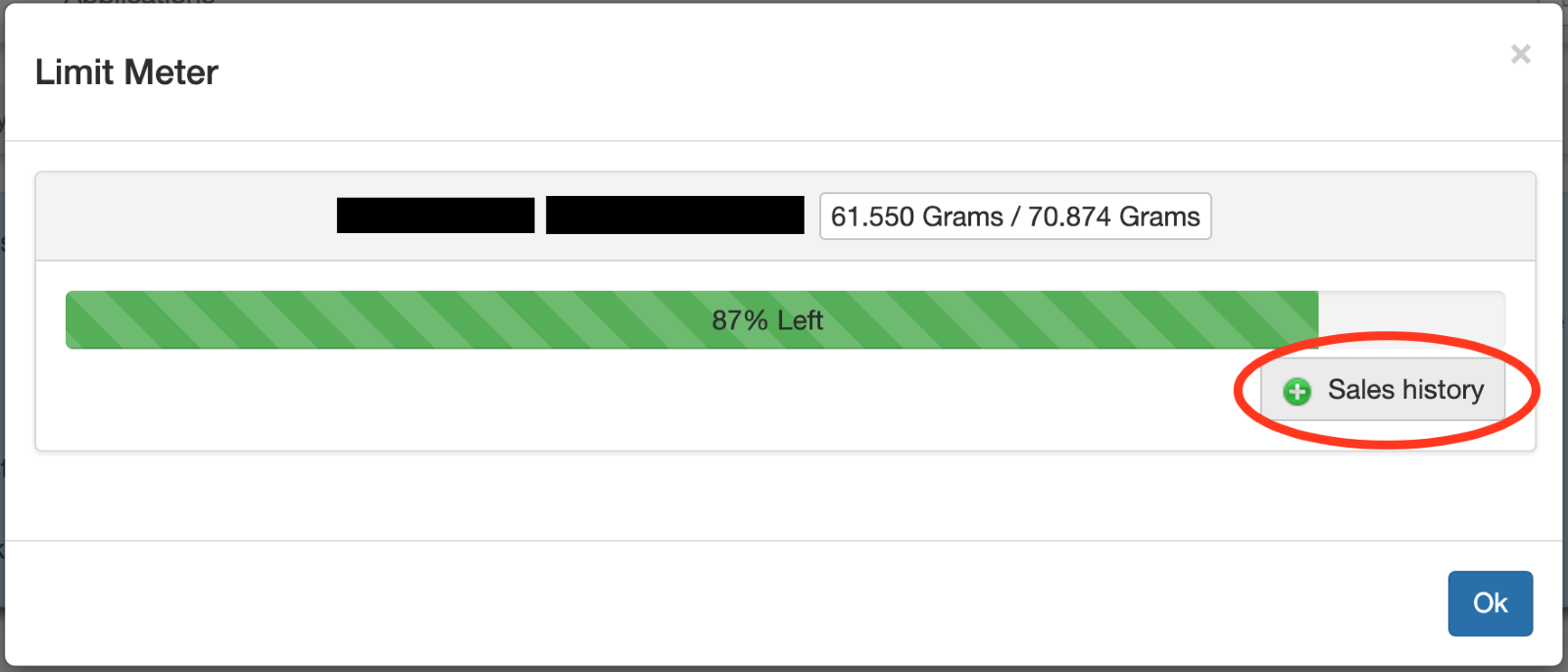 Limit Meter pop-up window, identical to Image 3, with the 'Sales history' button circled in red to highlight its location.